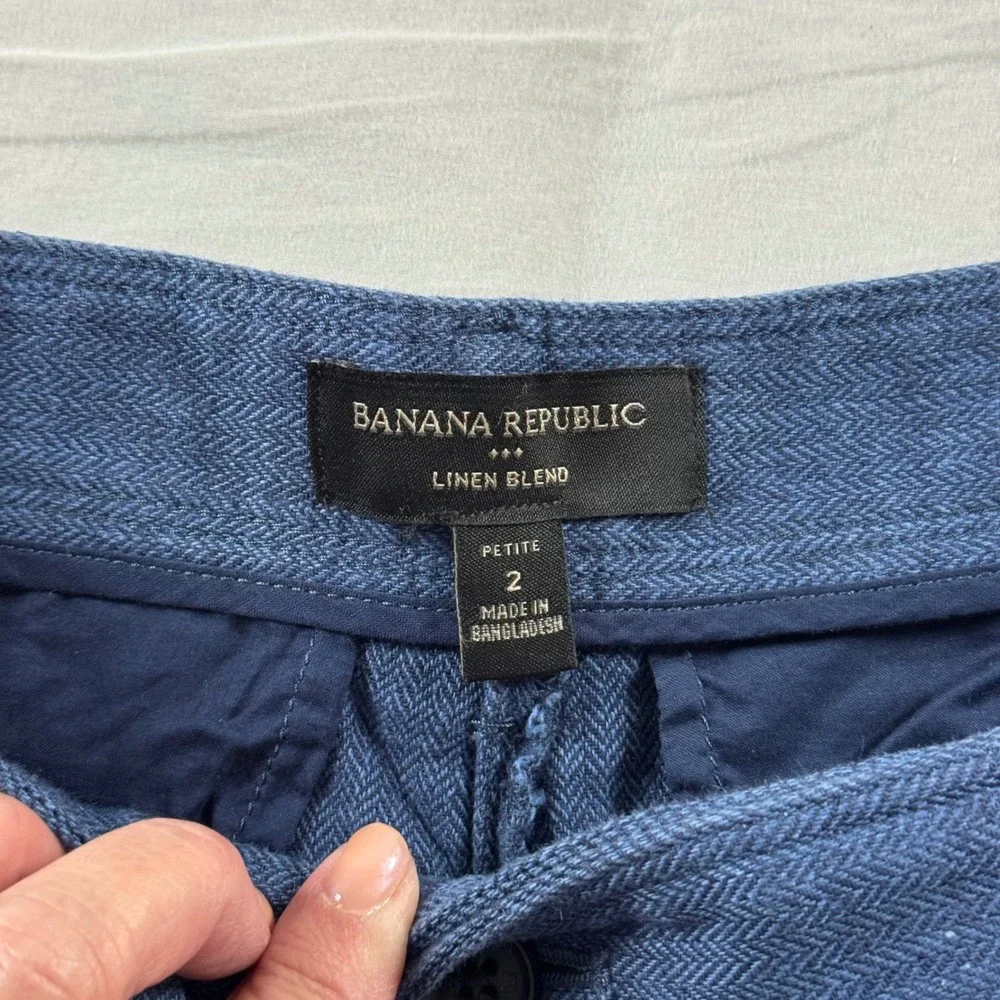 Banana Republic Petite Sz 2 Blue Herringbone Linen Blend Pleated Wide Leg Pants